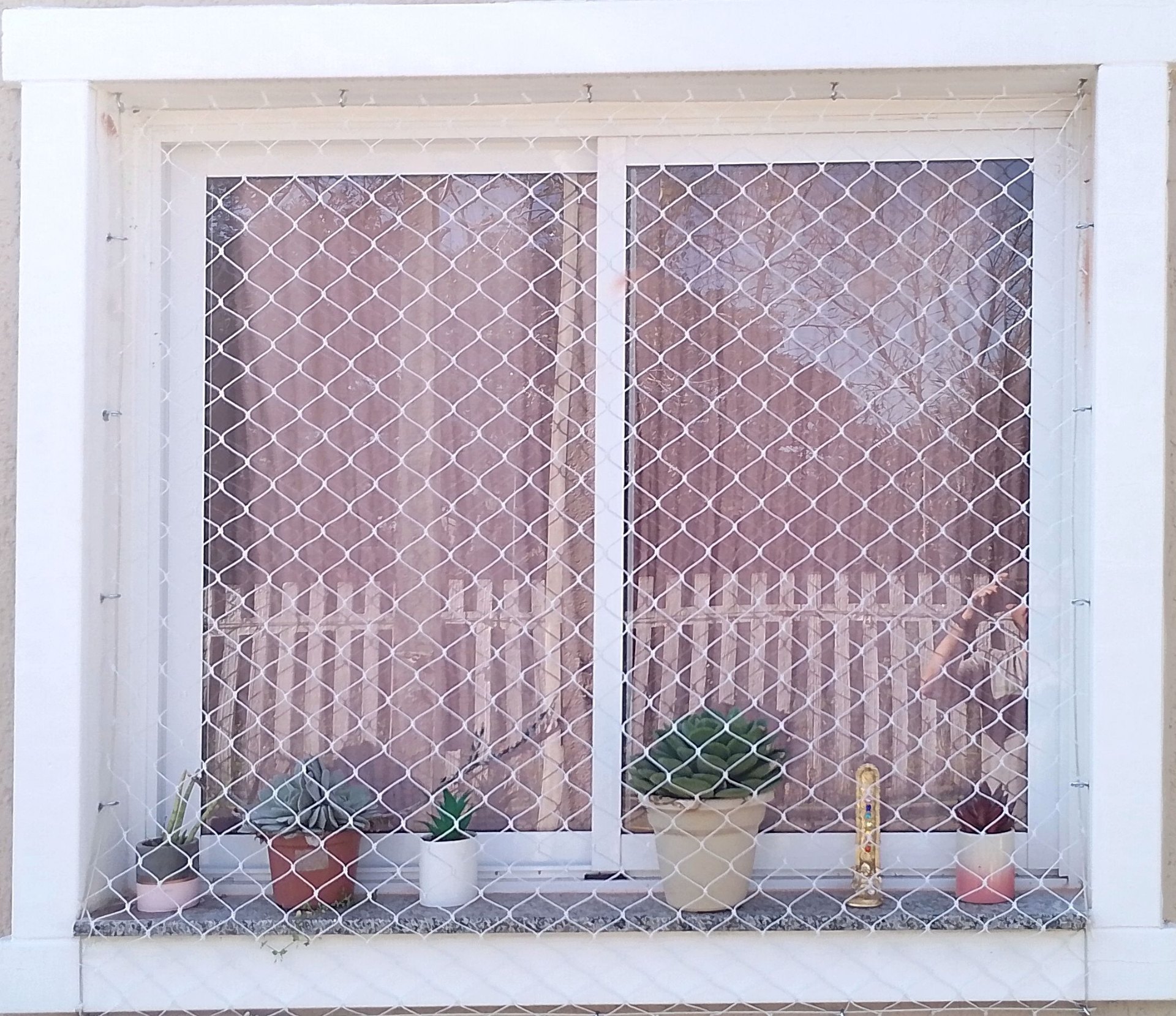 Janela com rede branca protegendo plantas e ambiente